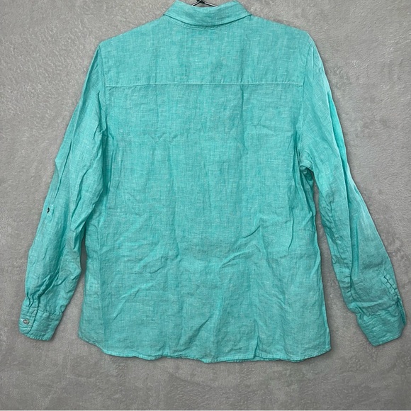 Foxcroft Turquoise Button-Up Linen Shirt Womens Size 14 - Picture 5 of 9